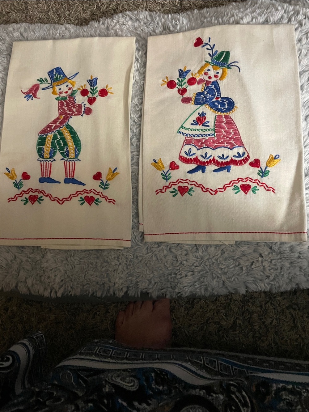 Hand-Embroidered Cream Kitchen Towels with Colorful Folk Figures